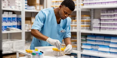 Laboratory technician organizing test tubes for inventory management