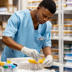 Laboratory technician organizing test tubes for inventory management