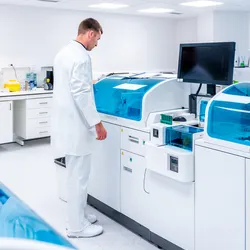 lab staff member standing next to machine in pathological anatomy laboratory