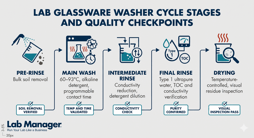 An infographic titled "Lab Glassware Washer Cycle Stages and Quality Checkpoints" displaying a five-step horizontal flowchart.