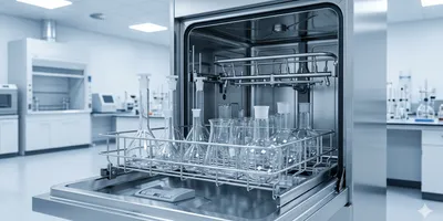 Image of a modern stainless-steel automated laboratory glassware washer with its door open, revealing a fully loaded rack of clean volumetric flasks, beakers, and round-bottom flasks in a bright, professional laboratory setting.
