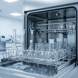 Image of a modern stainless-steel automated laboratory glassware washer with its door open, revealing a fully loaded rack of clean volumetric flasks, beakers, and round-bottom flasks in a bright, professional laboratory setting.