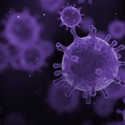 Purple-toned 3D illustration of virus particles floating in a dark background, with spherical shapes and spike-like protrusions resembling microscopic pathogens.