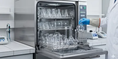 A stainless steel automated laboratory glassware washer, door open, revealing neatly organized inverted borosilicate glass flasks, beakers, and cylinders on stainless steel racks in a clean, modern lab setting.