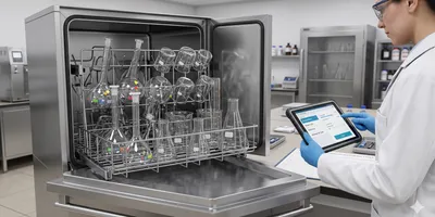 Overhead view of a stainless steel automated glassware washer with its door open and a full, neatly organized load of inverted borosilicate flasks, beakers, and volumetric glassware on wash racks.