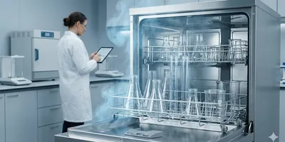 Open automated food laboratory glassware washer loaded with sanitized Erlenmeyer flasks.