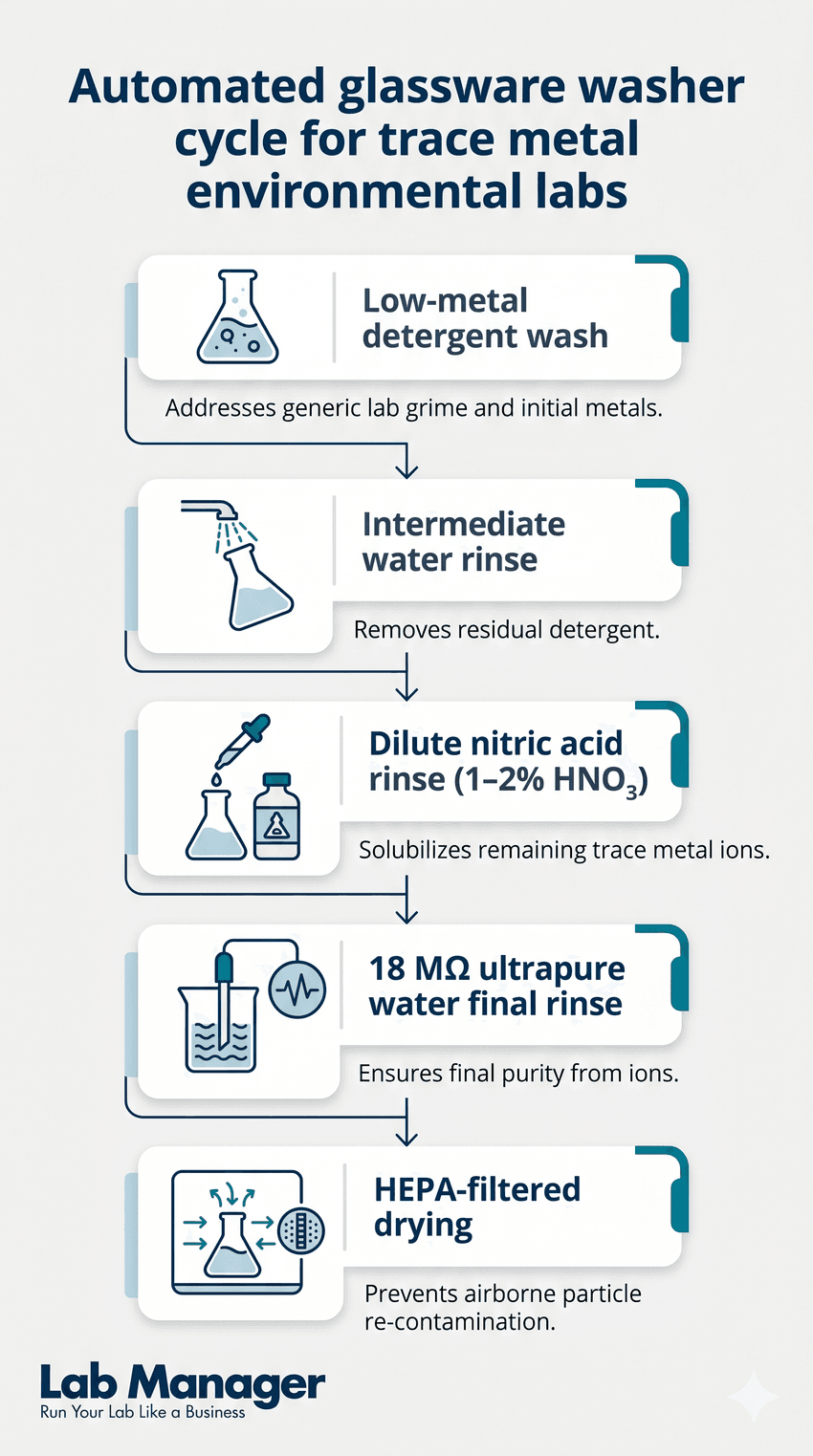 An infographic flowchart titled "Automated glassware washer cycle for trace metal environmental labs" by Lab Manager.