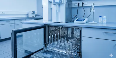  A precise, clinical environmental laboratory scene showing rows of volumetric flasks, Erlenmeyer flasks, and digestion vessels loaded into an open automated glassware washer with a stainless steel interior.