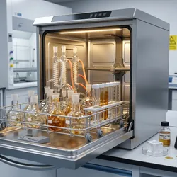 A materials science laboratory showing an open automated glassware washer loaded with round-bottom flasks, condensers, and viscometer tubes, with visible oil-based residue staining on some items. 