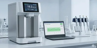 A clean, modern laboratory bench featuring a sleek benchtop ultrapure water purification system with a digital display showing resistivity and TOC readings. 
