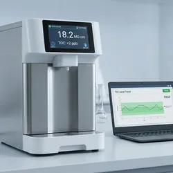 A clean, modern laboratory bench featuring a sleek benchtop ultrapure water purification system with a digital display showing resistivity and TOC readings.