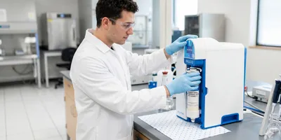 Realistic photo of lab technician in a white lab coat and blue nitrile gloves replacing a 'Milli-Q' water purification filter cartridge on a lab bench.