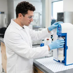 Realistic photo of lab technician in a white lab coat and blue nitrile gloves replacing a 'Milli-Q' water purification filter cartridge on a lab bench.