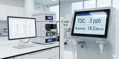 A split-screen laboratory image: on the left, an HPLC system running a chromatogram with a clean, flat baseline and sharp defined peaks; on the right, a close-up of a water purification system display showing a real-time TOC reading.