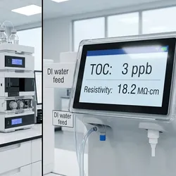 A split-screen laboratory image: on the left, an HPLC system running a chromatogram with a clean, flat baseline and sharp defined peaks; on the right, a close-up of a water purification system display showing a real-time TOC reading.