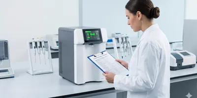 A laboratory technician in a white lab coat reviewing a printed preventive maintenance schedule on a clipboard, standing in front of a modern benchtop ultrapure water purification system.