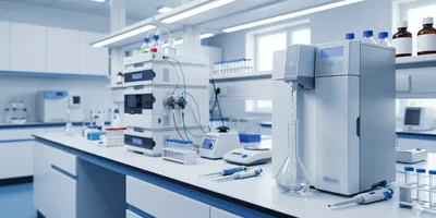 Photorealistic image of a modern food science laboratory with water purification and HPLC instruments.