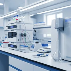 Photorealistic image of a modern food science laboratory with water purification and HPLC instruments.