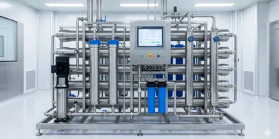 Pharmaceutical purified water system RO UV stainless steel purification skid in cleanroom manufacturing facility
