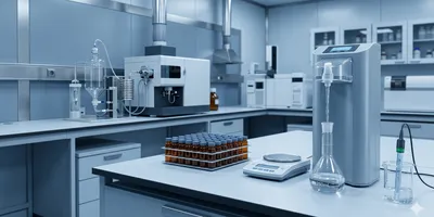 Environmental testing lab scene with water purification system, volumetric flask, sample vials, and ICP instrument.