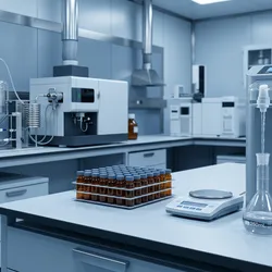 Environmental testing lab scene with water purification system, volumetric flask, sample vials, and ICP instrument.