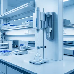 A photorealistic wide-format image of a modern materials science laboratory: an ultrapure water purification system dispensing into a volumetric flask in the foreground, with an HPLC instrument and polymer sample vials visible to one side and an electrochemical workstation on the other. 