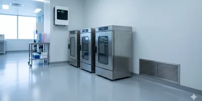 Professional laboratory safety scene showing a wall-mounted CO2 gas detector with a green indicator light, positioned near a row of stainless steel CO2 incubators.