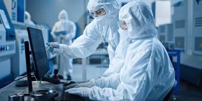 Laboratory staff in white suits focusing on biosafety and biocontainment practices.