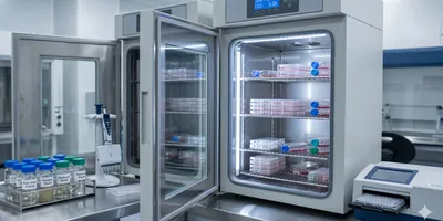 A clean environmental laboratory with two CO2 incubators side by side, both with digital displays showing temperature and CO2 readings. Through the glass door of one open incubator, multi-well plates and culture flasks are visible on stainless steel shelves.