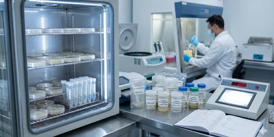 A food science laboratory setting with a CO2 incubator open at mid-frame, showing agar plates and sample tubes on internal shelves. On the adjacent bench, sealed sample containers labeled with organism names and date stamps sit next to a digital colony counter and a lab notebook.