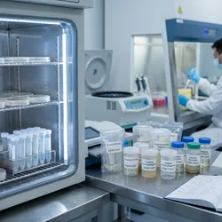 A food science laboratory setting with a CO2 incubator open at mid-frame, showing agar plates and sample tubes on internal shelves. On the adjacent bench, sealed sample containers labeled with organism names and date stamps sit next to a digital colony counter and a lab notebook. 