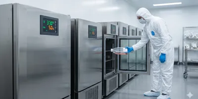 This image captures a GMP biopharma manufacturing cleanroom, featuring a scientist in sterile gowning operating complex stainless-steel CO2 incubators for cell culture work.