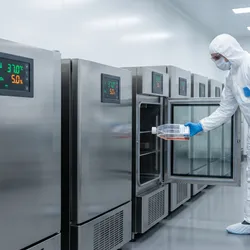 This image captures a GMP biopharma manufacturing cleanroom, featuring a scientist in sterile gowning operating complex stainless-steel CO2 incubators for cell culture work.