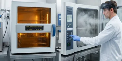 A split-composition laboratory image: on the left, a CO2 incubator chamber glowing amber during a high-heat sterilization cycle with temperature readout visible on the display panel; on the right, a technician in a lab coat initiating an H2O2 vapor decontamination cycle on a separate incubator, with a vapor mist faintly visible through the chamber window.
