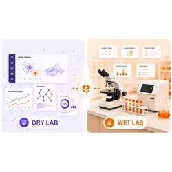 Split illustration of a “dry lab” and “wet lab”: on the left, AI model outputs, data visualizations, and simulations on screens; on the right, a physical lab setup with a microscope, sample vials, and instruments, connected by icons showing workflow orchestration and data flow between computational and experimental work.