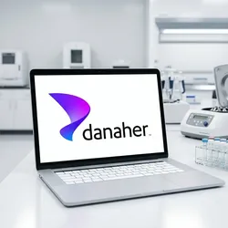 Danaher logo on a laptop in a modern lab environment