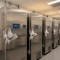 A professional laboratory cold storage room with a row of stainless-steel ultra-low temperature freezers lining a bright, clean corridor.