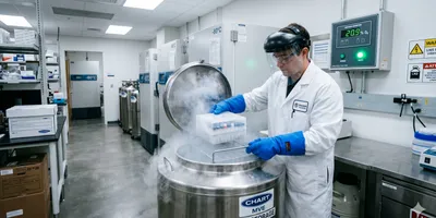 Photorealistic wide-angle laboratory scene showing a researcher in full personal protective equipment — loose-fitting cryogenic gloves, white lab coat, and clear face shield — safely retrieving a cryogenic storage box from a stainless steel liquid nitrogen vapor-phase storage tank.