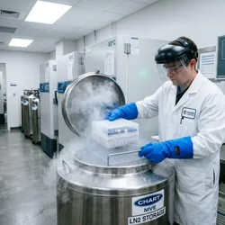 Photorealistic wide-angle laboratory scene showing a researcher in full personal protective equipment — loose-fitting cryogenic gloves, white lab coat, and clear face shield — safely retrieving a cryogenic storage box from a stainless steel liquid nitrogen vapor-phase storage tank.