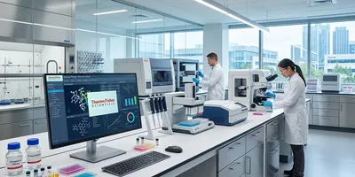 a modern drug discovery lab with technicians working at equipment, in the foreground is monitor that is displaying a Thermo Fisher Scientific logo