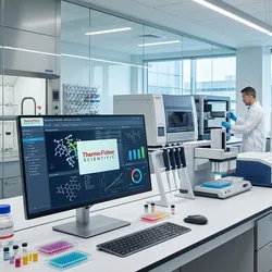 a modern drug discovery lab with technicians working at equipment, in the foreground is monitor that is displaying a Thermo Fisher Scientific logo
