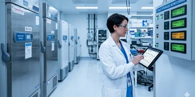 ultiple stainless steel ultra-low temperature freezers and refrigerators stand in a row. On a wall-mounted digital display panel, green and amber temperature readout screens show real-time sensor data. A lab technician in a white coat reviews a tablet showing a remote monitoring dashboard with temperature trend graphs.