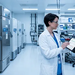 ultiple stainless steel ultra-low temperature freezers and refrigerators stand in a row. On a wall-mounted digital display panel, green and amber temperature readout screens show real-time sensor data. A lab technician in a white coat reviews a tablet showing a remote monitoring dashboard with temperature trend graphs.