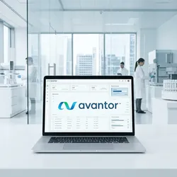 loptop showing Aventor logo in a clean modern lab
