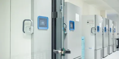 View of biopharma cold storage units at -80C