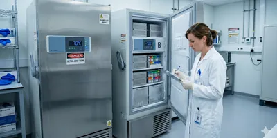 A clean, organized laboratory cold storage room showing two upright ultra-low temperature freezers with digital temperature displays showing −70°C. A lab technician in a white coat checks a maintenance log on a clipboard.