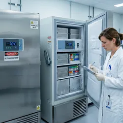A clean, organized laboratory cold storage room showing two upright ultra-low temperature freezers with digital temperature displays showing −70°C. A lab technician in a white coat checks a maintenance log on a clipboard.