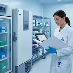 A pharmaceutical laboratory cold storage room with stainless steel pharmaceutical-grade refrigerators and ULT freezers, each with visible digital temperature displays. A scientist in a white lab coat reviews a validation binder or tablet showing qualification documentation.