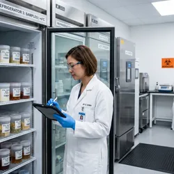 A food testing laboratory with organized cold storage refrigerators and freezers. One refrigerator door is open, showing clearly labeled food sample containers arranged on shelves with visible sample ID tags. A lab technician in a white coat and gloves is logging information on a tablet.