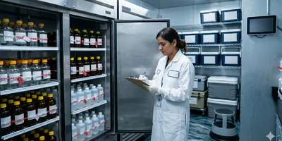 n environmental laboratory cold storage area with labeled sample coolers and refrigerators organized by matrix type. A scientist in a white lab coat is logging information on a clipboard next to an open refrigerator containing rows of labeled environmental sample bottles — some amber glass, some clear plastic — with chain-of-custody seals visible.